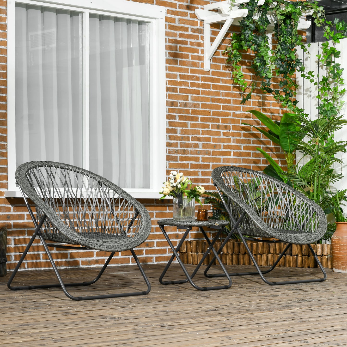 Folding garden furniture balcony set with coffee table and 2 chairs, including cushions, steel grey, for terrace and garden