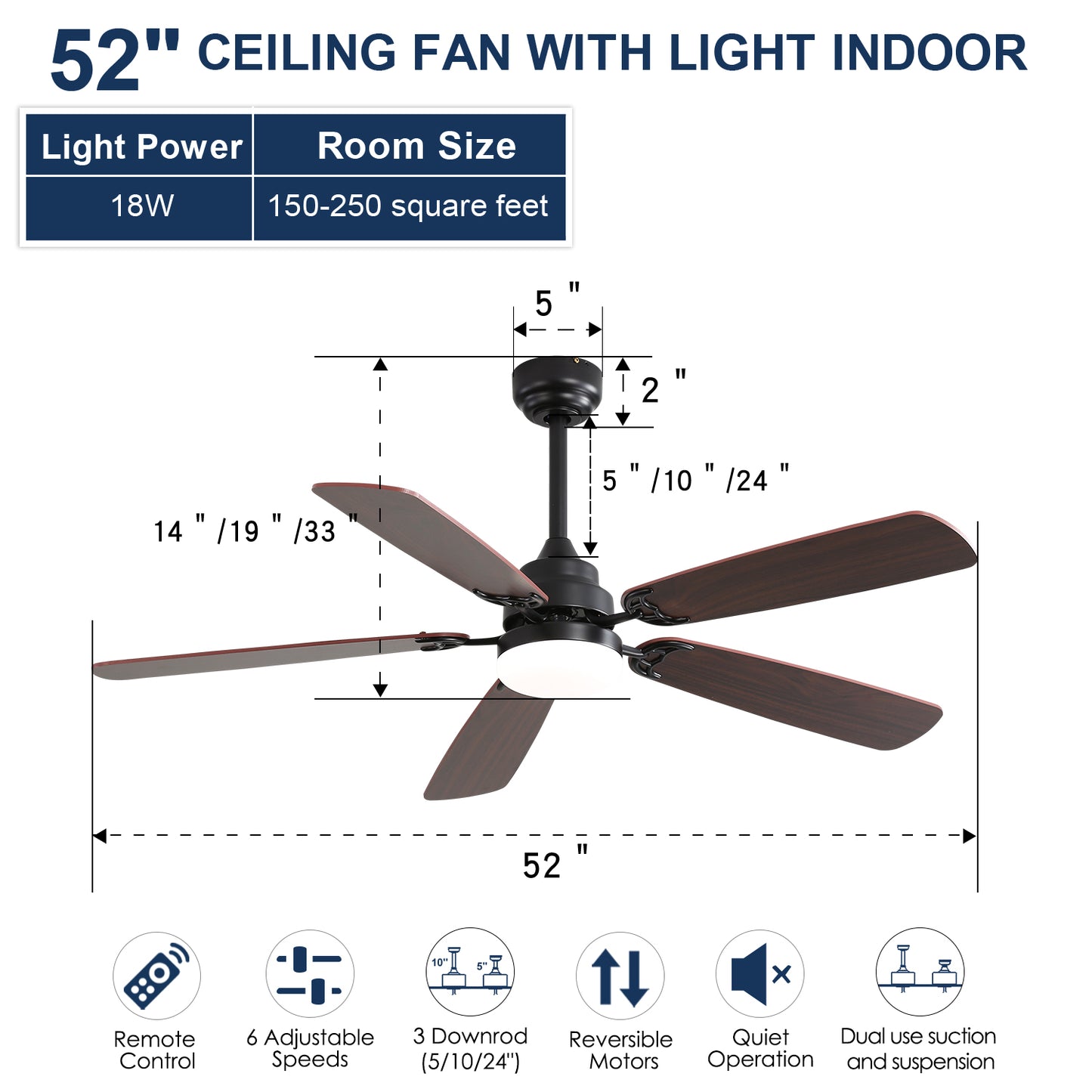 52" Classics Ceiling Fan with Dimmable LED Light, 6-Speed Wind, 5 Blades, Remote Control & DC Motor