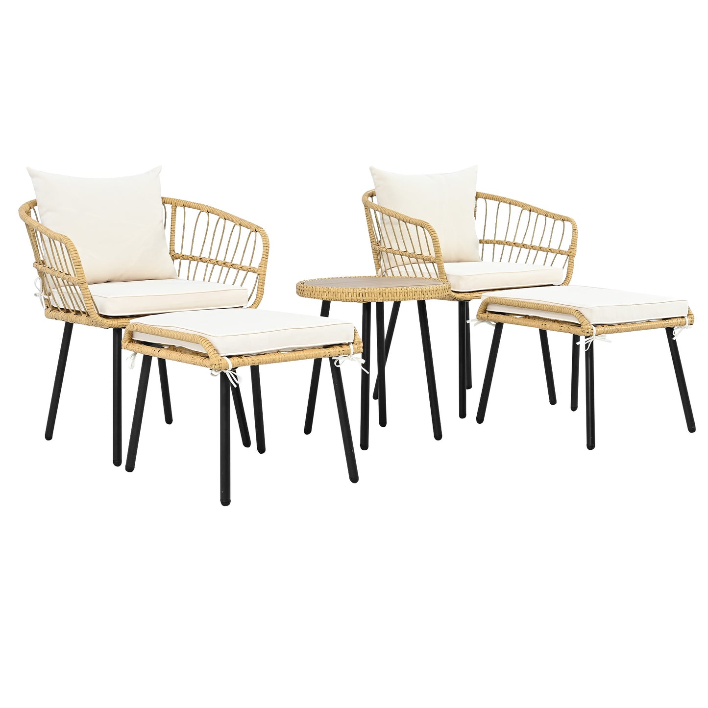 5-piece garden lounge set, including 1 dining table, 2 chairs, 2 stools, furniture, rattan, natural