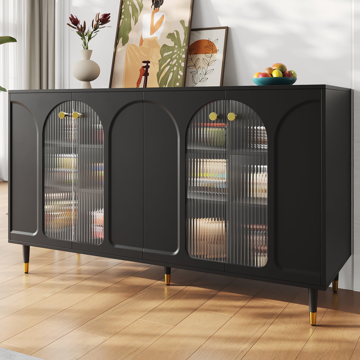Modern and Simple Black Sideboard with Changhong Glass Door (140 x 40 x 85 cm)