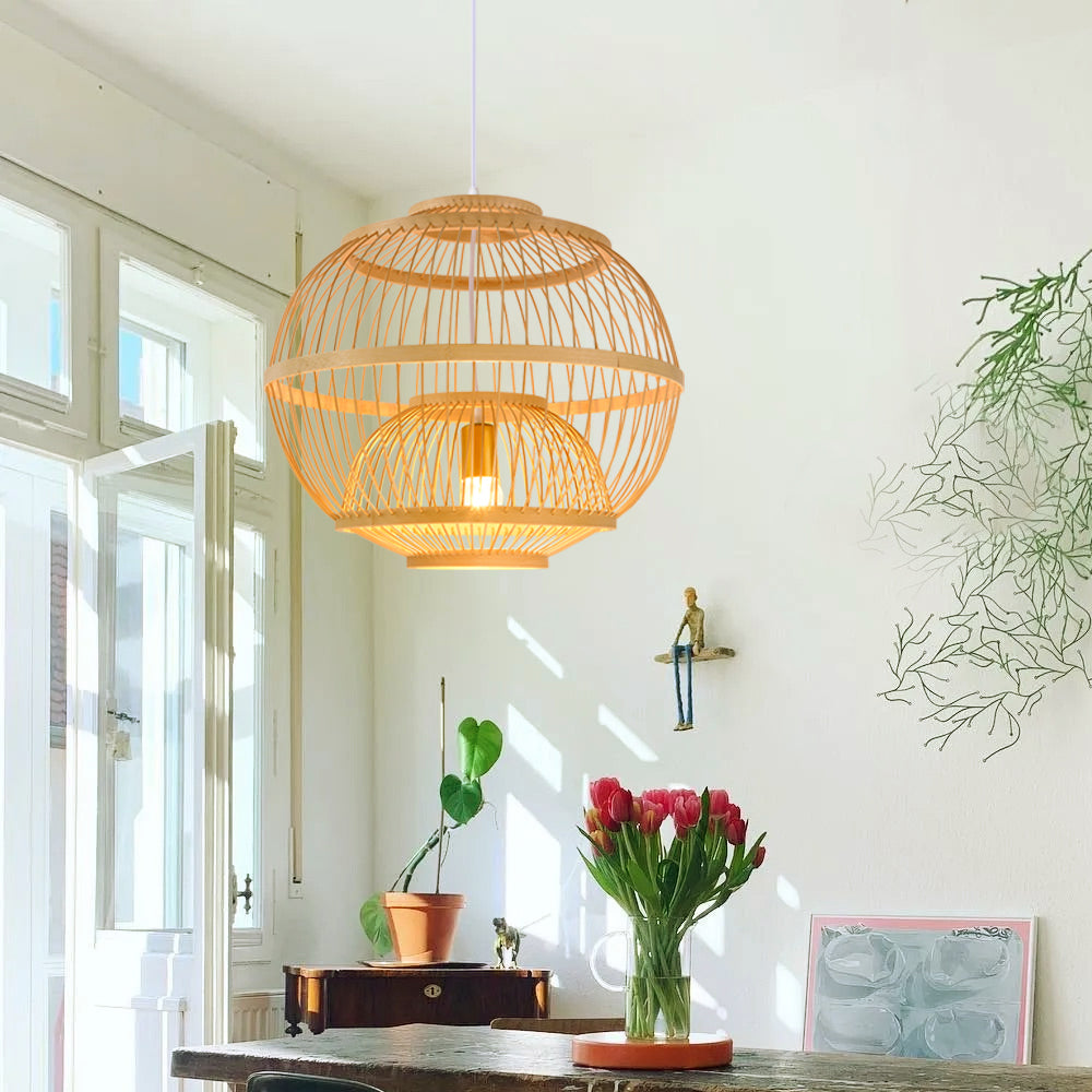 (M)Bamboo Pendant Ligting Globe Shade Ceiling Hanging Light E27 Sigle for Restaurant Home 1 Light