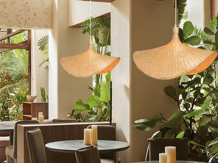 (Q)Handmade Bamboo Pendant Light, Bohemian Style Bamboo Fan Lampshade Pendant Light, Suitable for Kitchen, Living Room, Bedroom