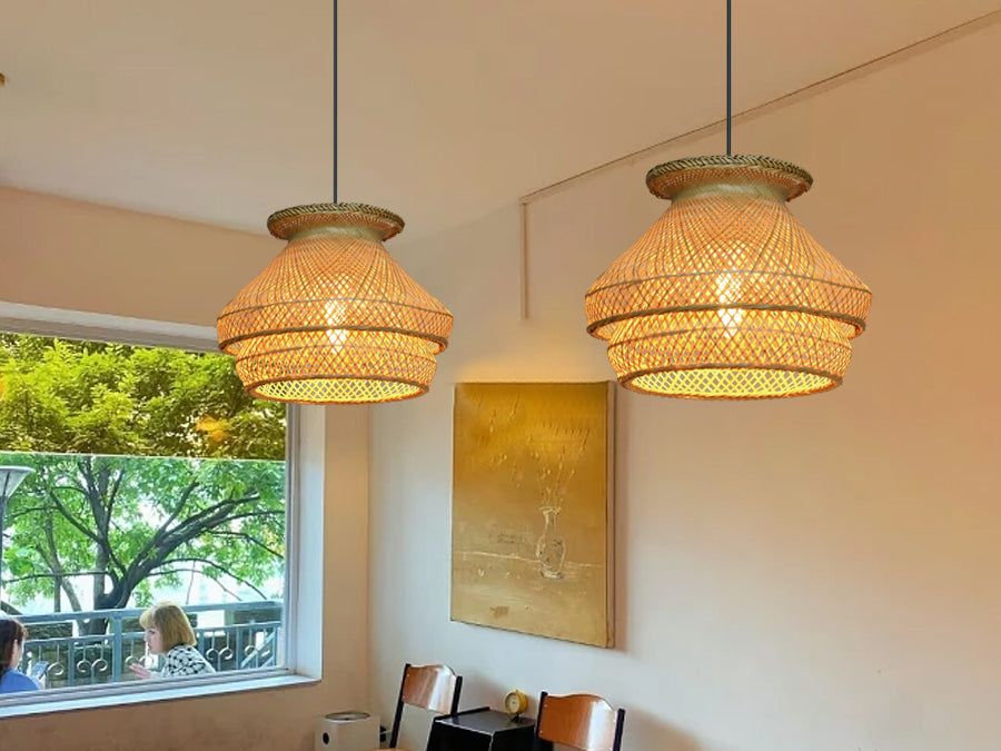 (Q)Handmade Rattan Pendant Light, Countryside Style Double-Layer Lampshade Pendant Light, Suitable for Bedrooms, Living Rooms, Kitchens