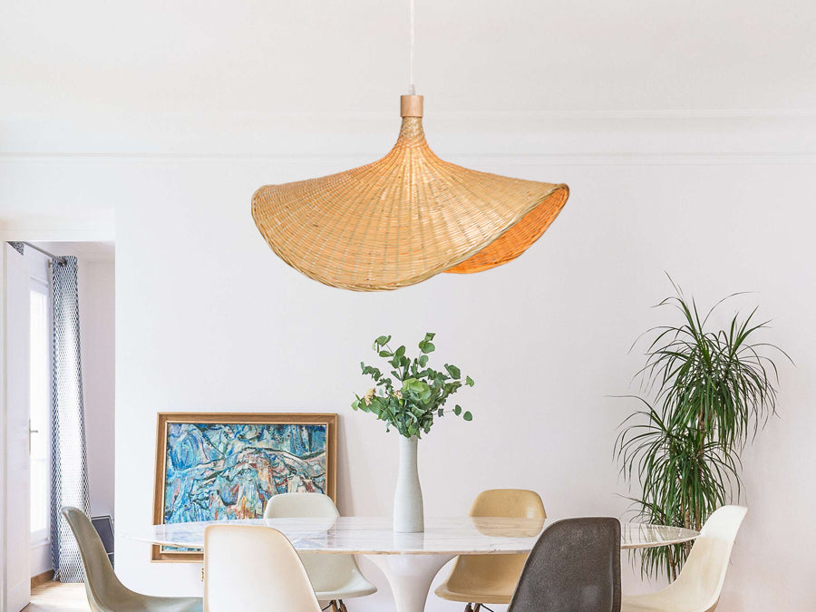 (Q)Handmade Bamboo Pendant Light, Bohemian Style Bamboo Fan Lampshade Pendant Light, Suitable for Kitchen, Living Room, Bedroom