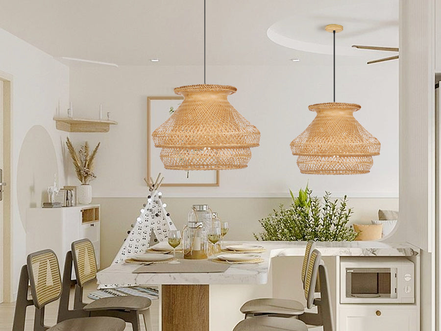 (Q)Handmade Rattan Pendant Light, Countryside Style Double-Layer Lampshade Pendant Light, Suitable for Bedrooms, Living Rooms, Kitchens