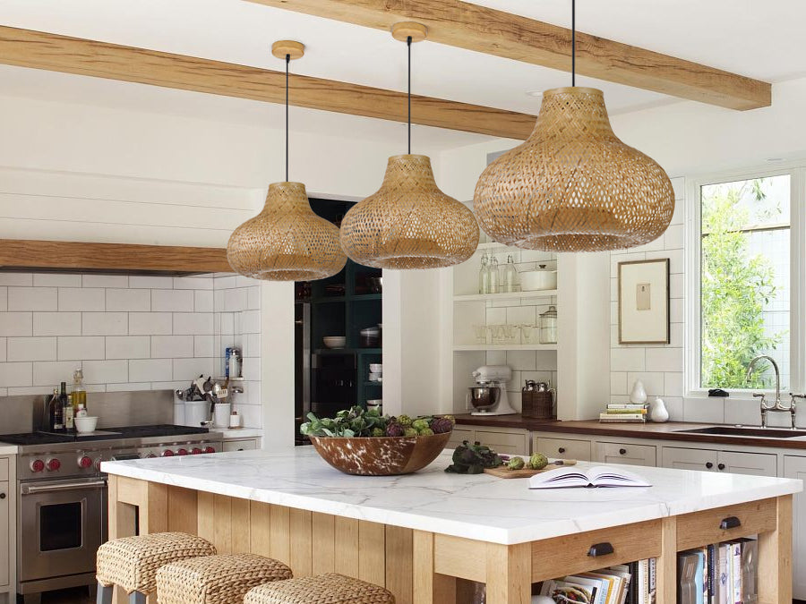 (Q)15.75 Inch Hand Woven Rattan Pendant Light, Bohemian Style Rattan Pendant Light, Suitable for Dining Rooms, Kitchens, Islands, Living Rooms