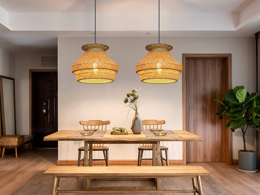 (Q)Handmade Rattan Pendant Light, Countryside Style Double-Layer Lampshade Pendant Light, Suitable for Bedrooms, Living Rooms, Kitchens