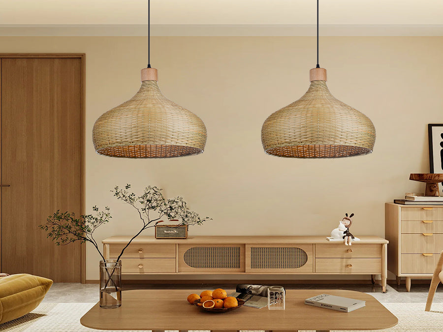(Q)Handmade Bamboo Pendant Light, Modern Minimalist Style Bamboo Cage Pendant Light, Suitable for Living Rooms, Study Rooms, Dining Rooms