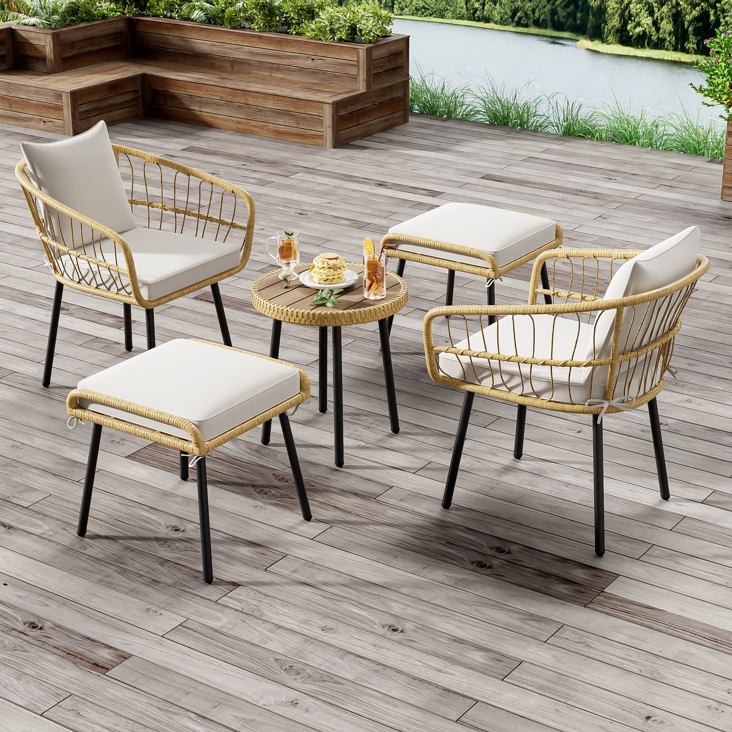 5-piece garden lounge set, including 1 dining table, 2 chairs, 2 stools, furniture, rattan, natural
