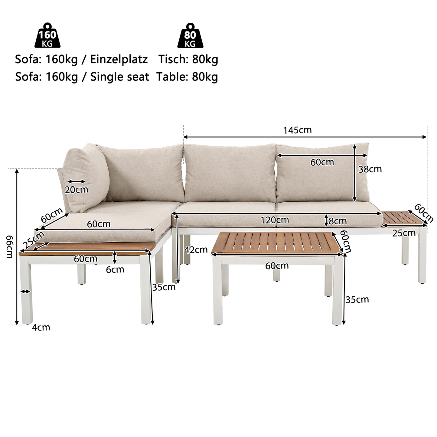 Garden lounge chair set, galvanized steel frame (2 double seats, 2 side tables, 1 table), acacia top, fabric back cover