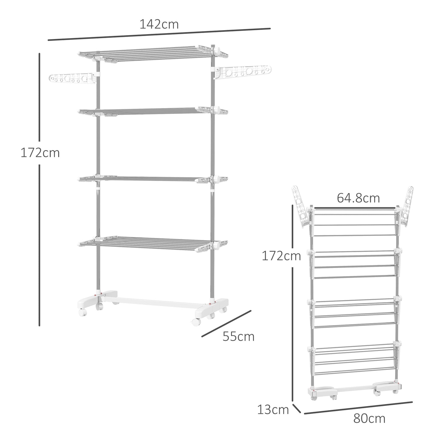mobile clothes rack, 142 x 55 x 172 cm, foldable (4 levels), with wheels, locking function, ABS