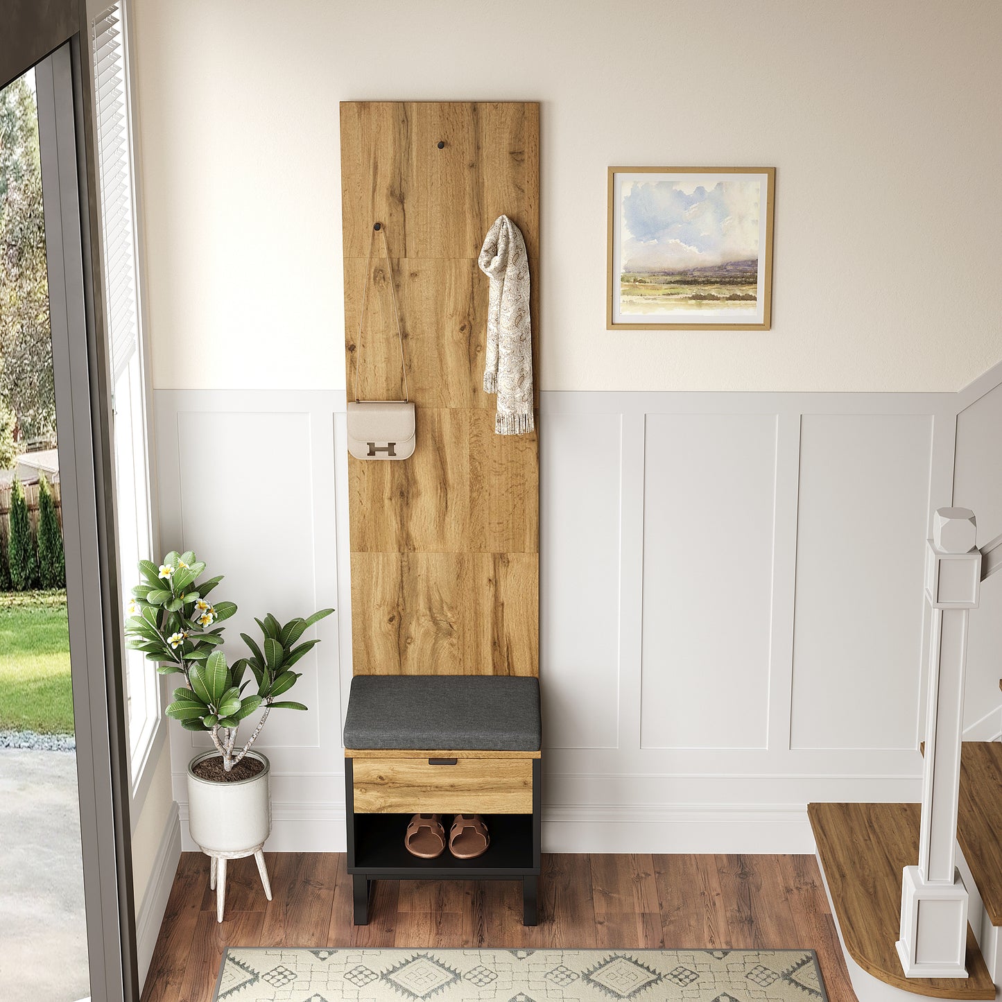 Complete Wardrobe Set with Shoe Stool, Cushion, Front Hanging Hooks, and Drawers