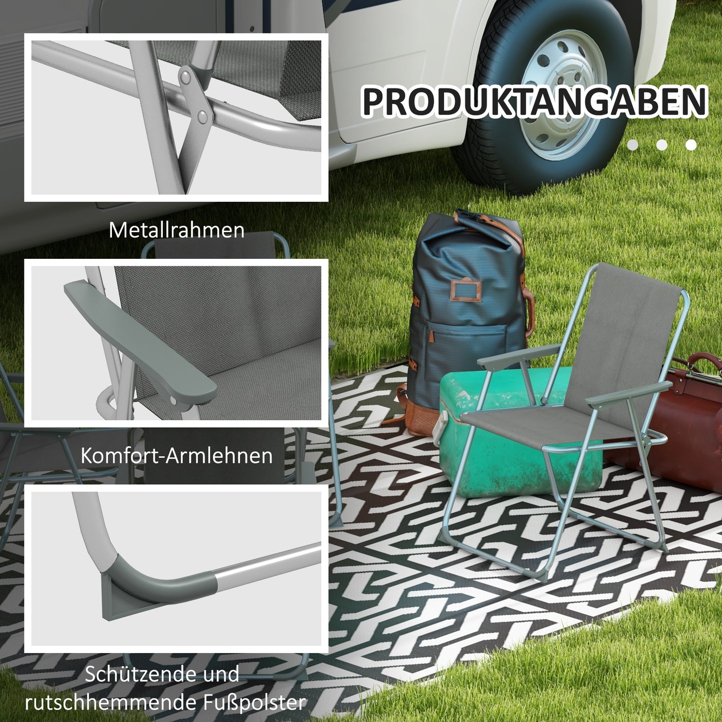 Garden folding chair 4-piece set with backrest armrests, garden balcony camping chair Oxford gray
