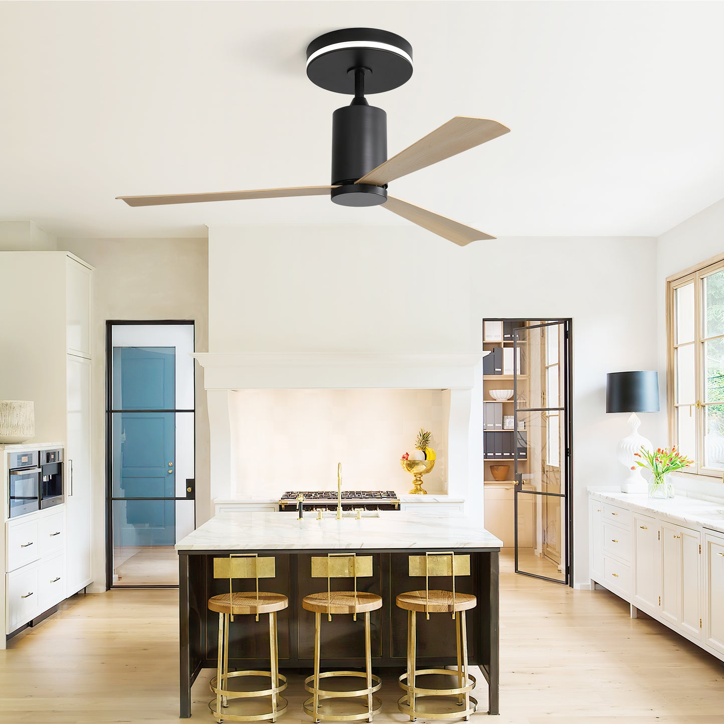 52 Inch Modern Flush Mount Ceiling Fan with LED Light, Remote Control, 3 ABS Blades, Noiseless Reversible DC Motor