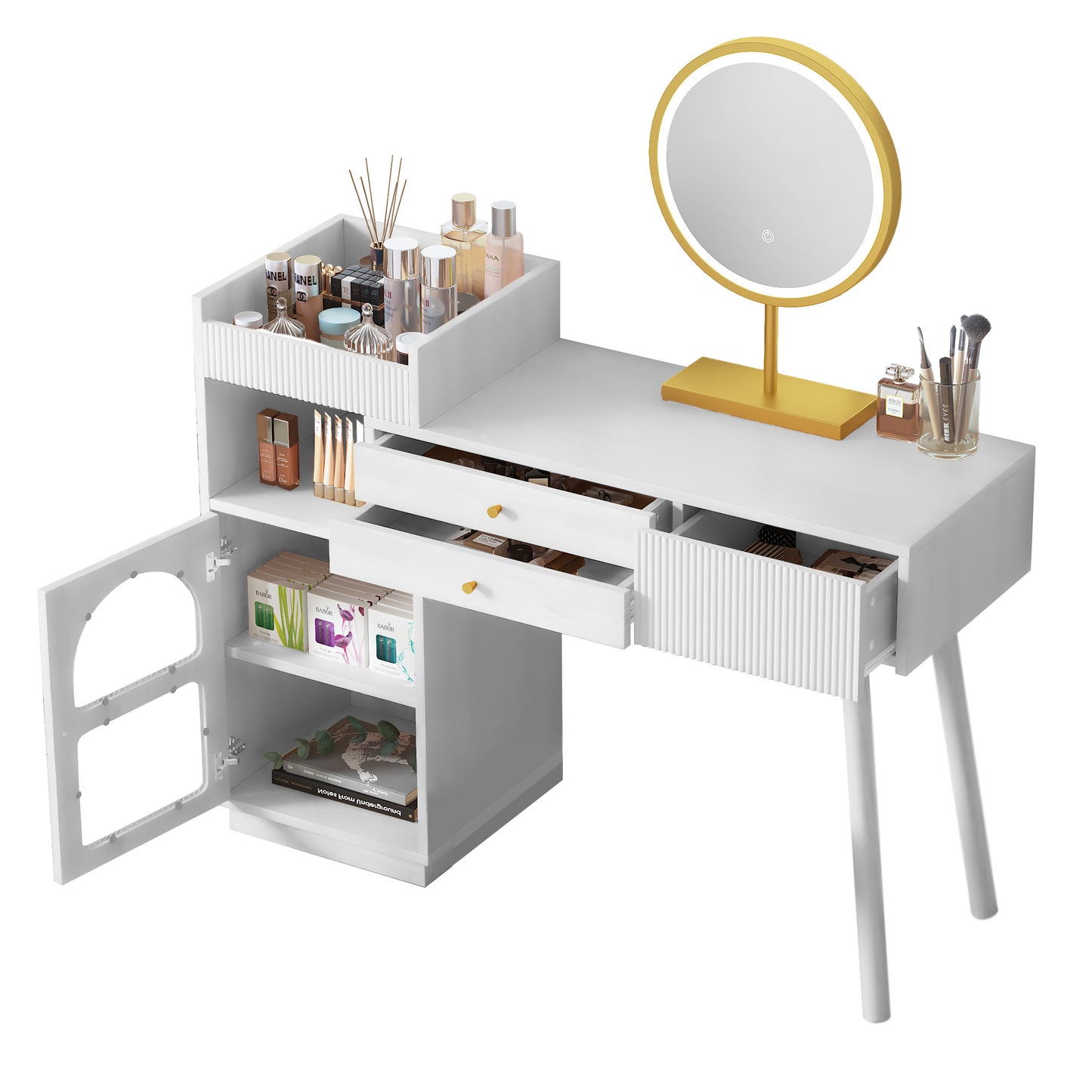 Elegant Vanity Table Set with 3-Color LED Mirror, 3-Drawer Wooden Dressing Table - 120x90x40 cm