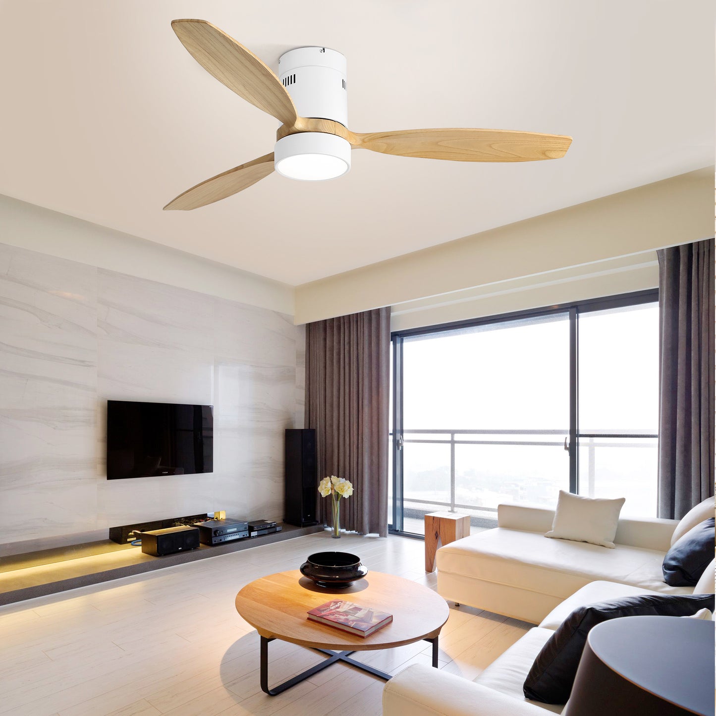 52" Flush Mount Ceiling Fan with DC Motor, 3 Solid Wood Blades, Noiseless Reversible Motor, Remote Control & Light