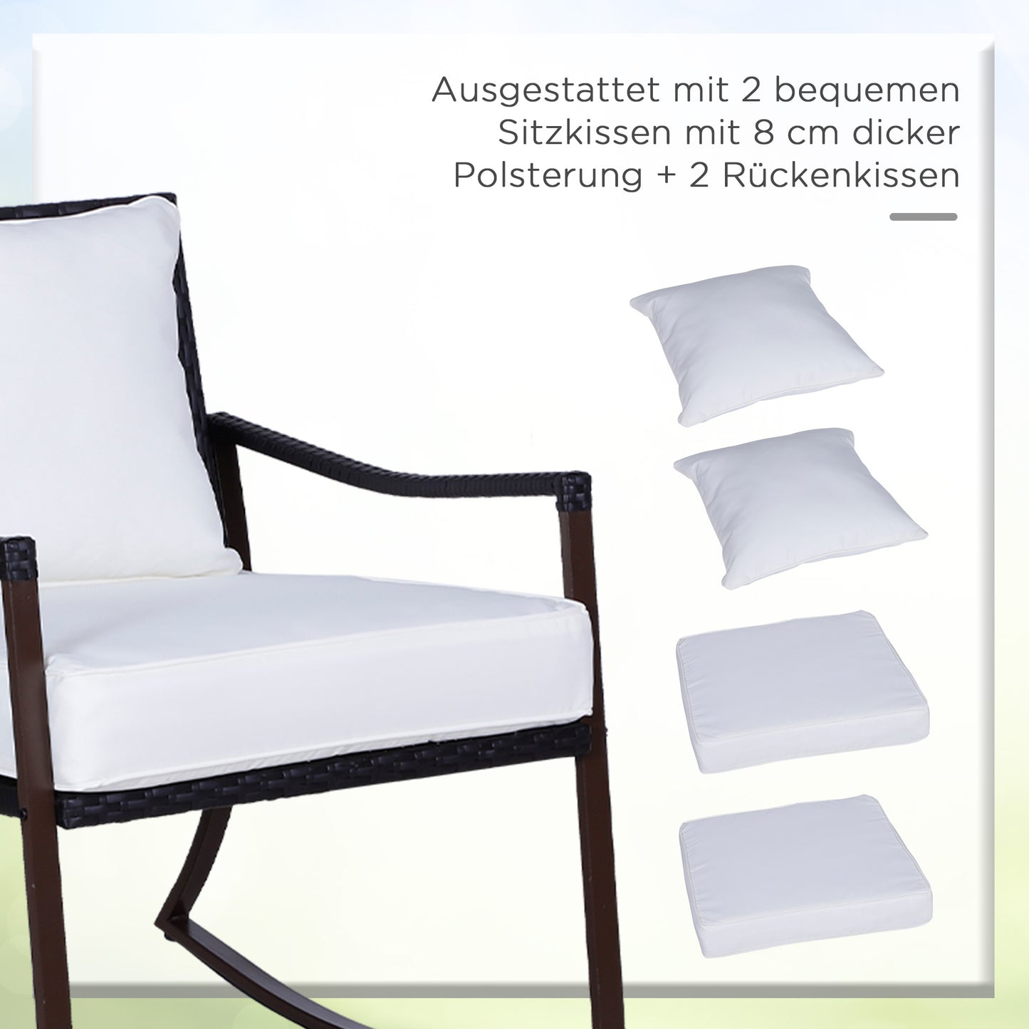 Garden set, for 2 people, rocking chair set with cushions, rattan, brown + white