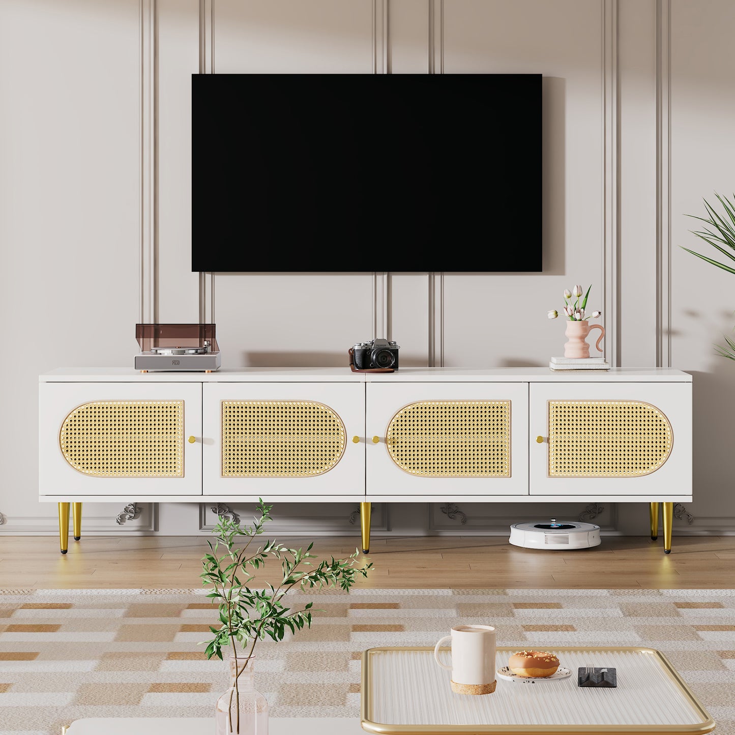 180x40x50 cm White Rattan TV Cabinet - 4 Doors, Adjustable Shelves, Cable Mgmt