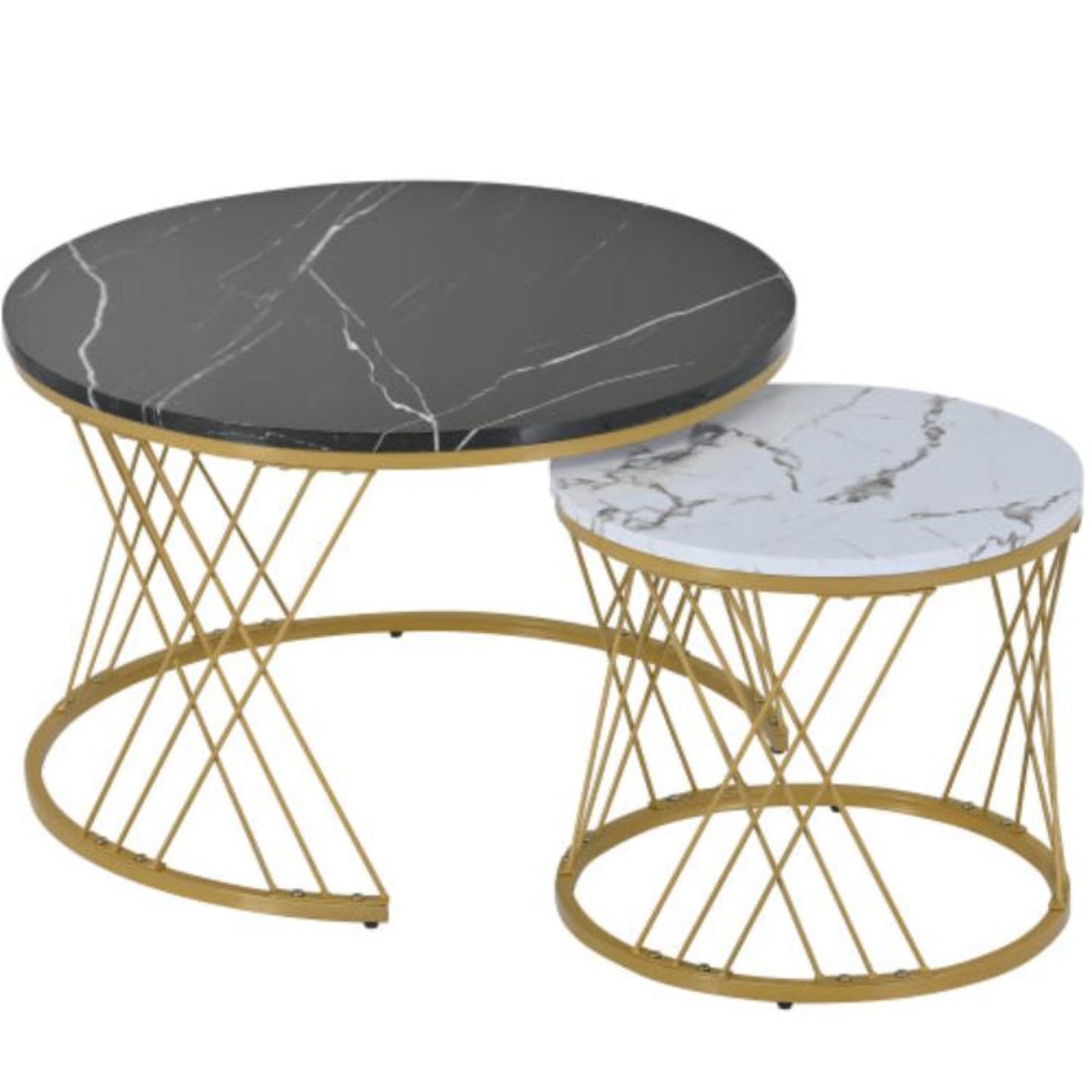 Golden Modern Nesting Coffee Tables,Marble Veneer, Round Set of 2