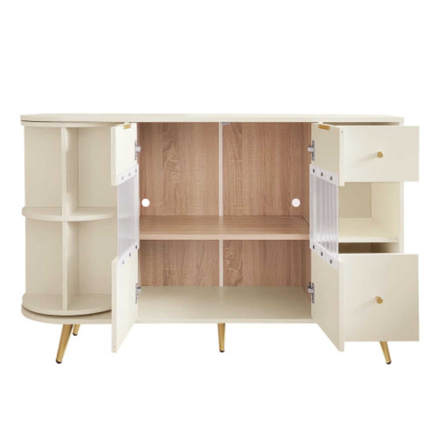 Beige Wooden Sideboard-Sliding Glass Doors, LED Lights, DiningLiving Room Storage Cabinet