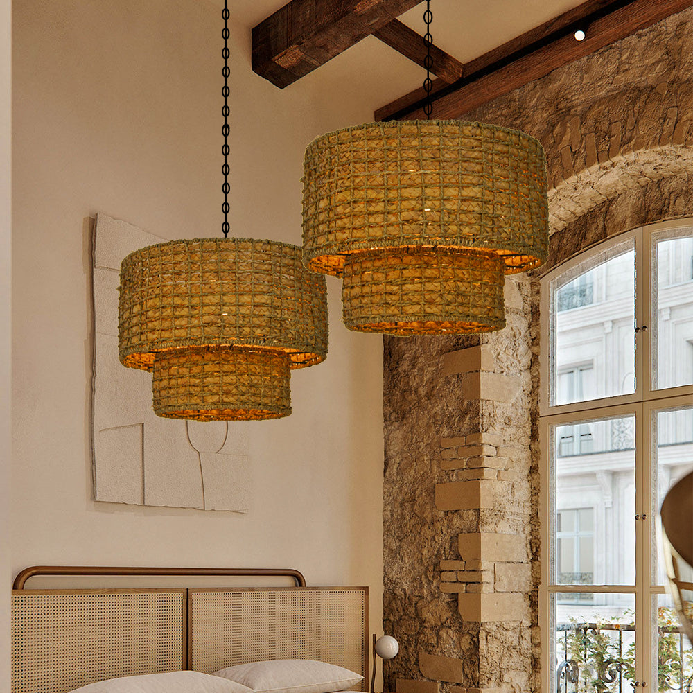 (M)ARTURESTHOME Pendant Light Fixture Rattan Drum Shade Chandelier For Living Room