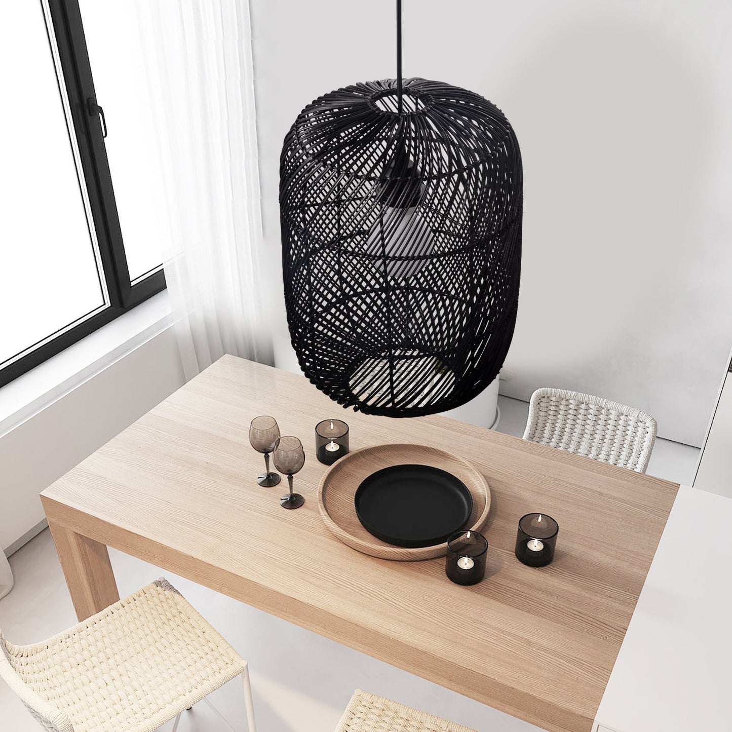 (Q)11.8 Inch Black Rattan Hand Woven Pendant Light, Bohemian Style Rattan Woven Pendant Light, Suitable for Bedrooms, Living Rooms, Kitchens