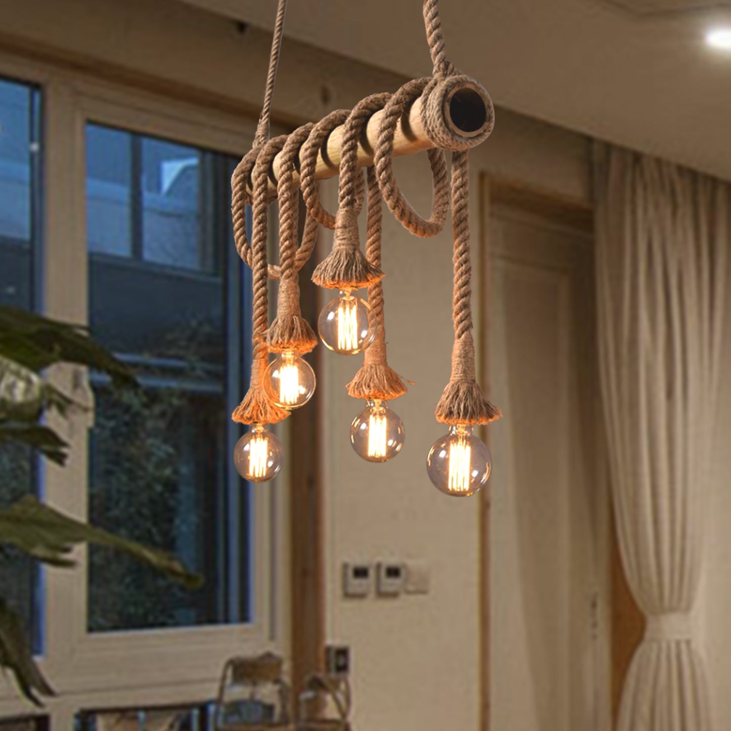 (M)Bamboo Pendant Light Rope Hemp 6-Light Bamboo Chandeliers Fixture for Kitchen Island