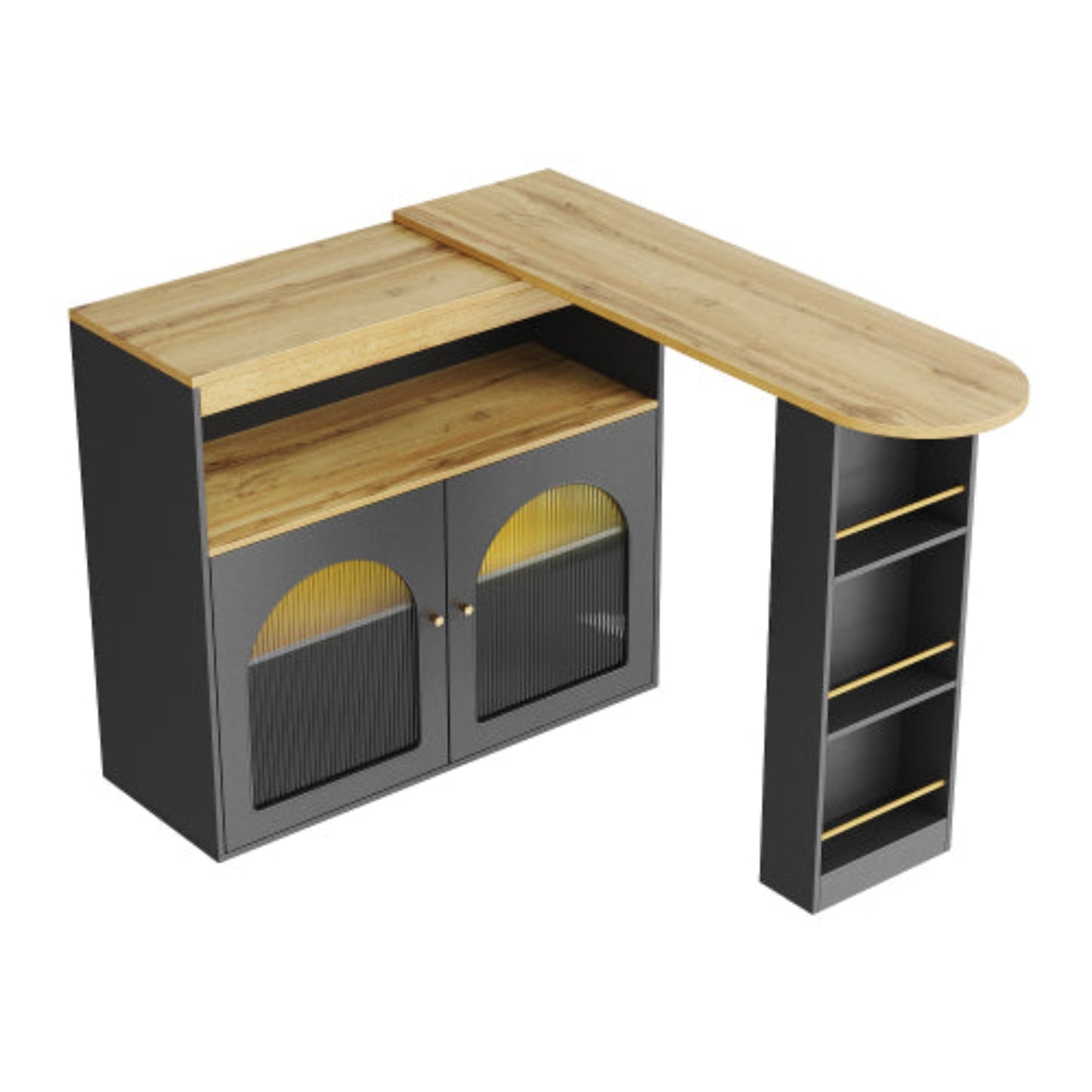 Black Modern Extendable Bar Table-Storage, Rotatable, LED Light, Dining,138-193x39x105cm