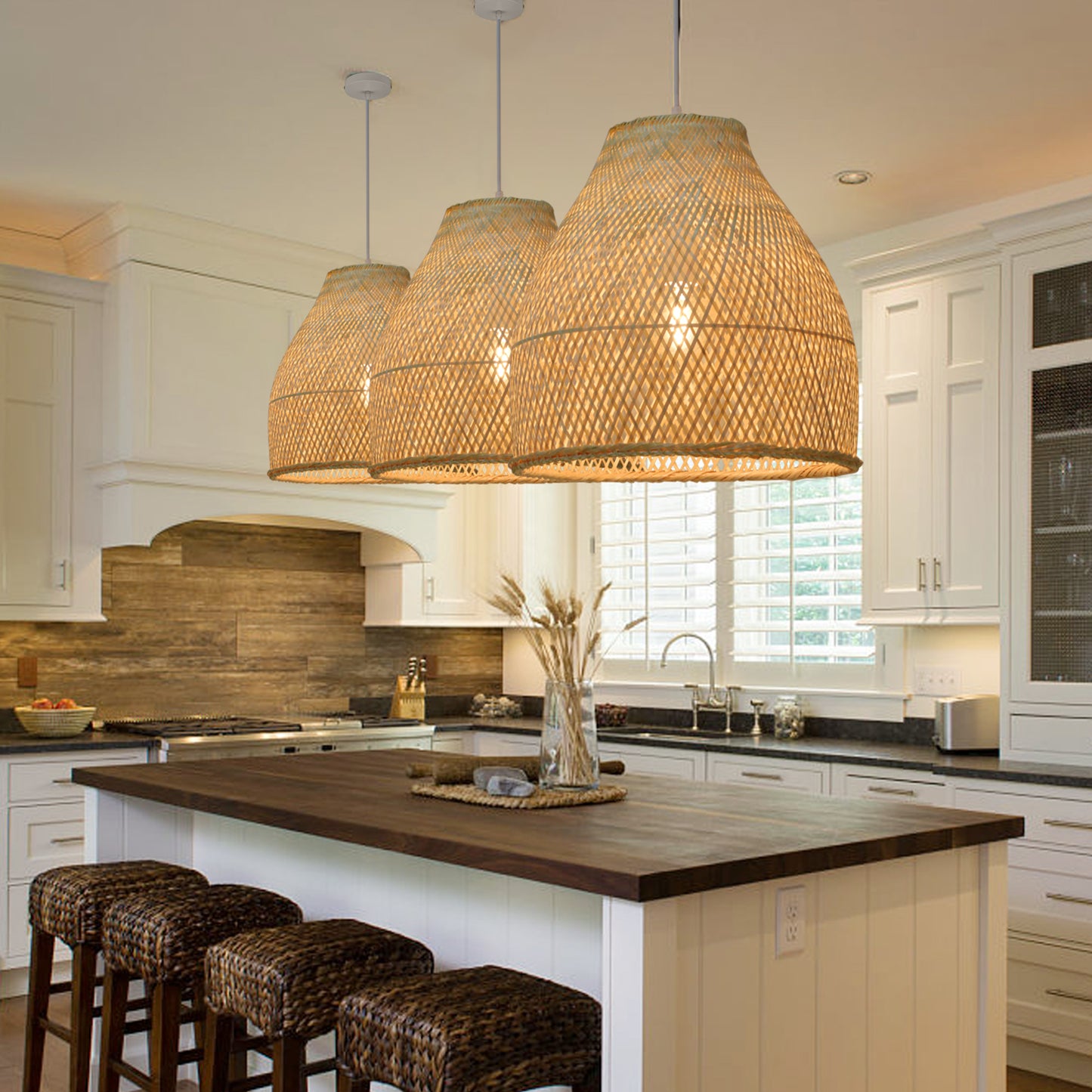 (Q)Handmade Woven Bamboo Pendant Light,Bohemian Style Cage Lampshade Pendant Light, Suitable for Restaurants,Bedrooms, Farmhouses