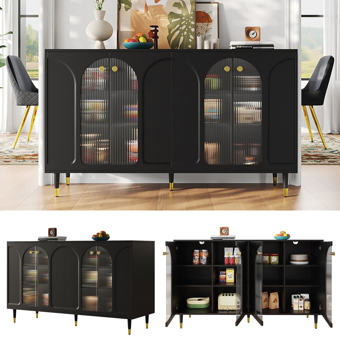 Modern and Simple Black Sideboard with Changhong Glass Door (140 x 40 x 85 cm)