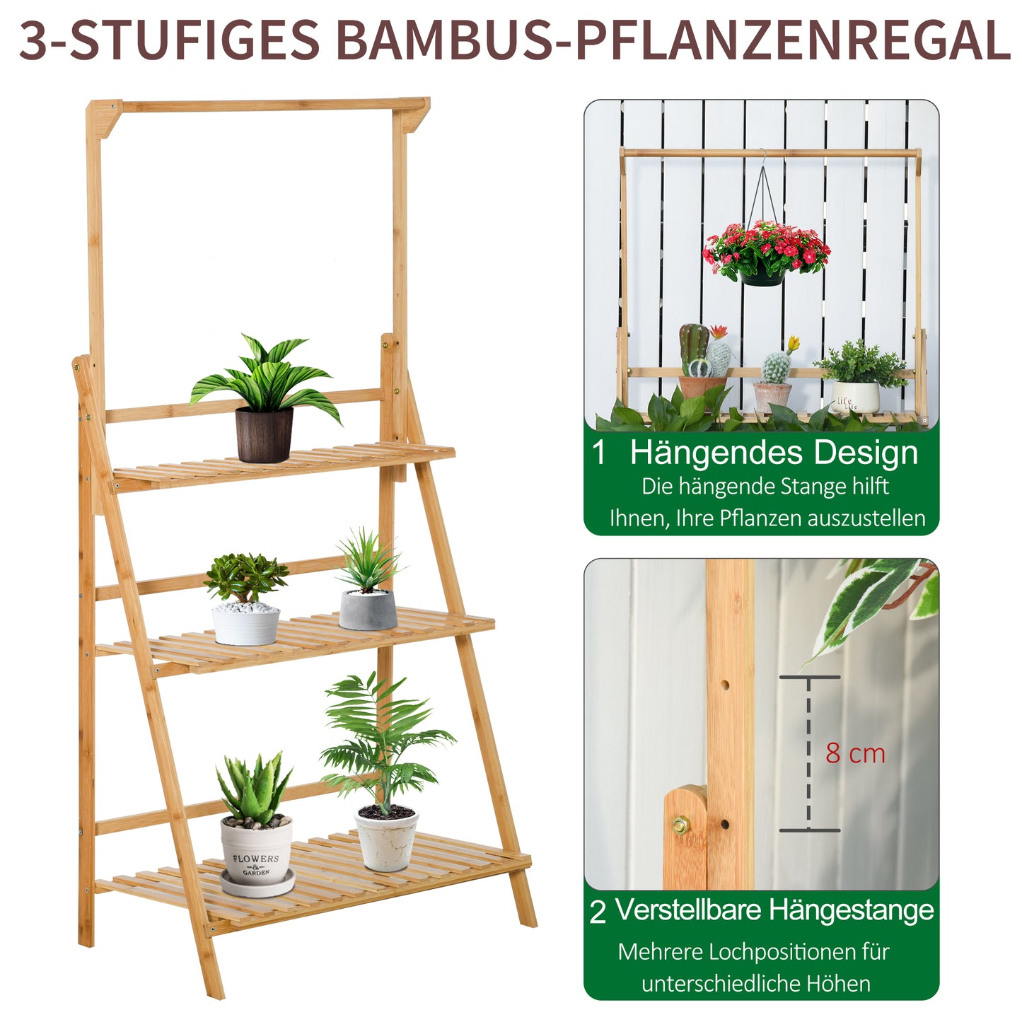 Flower staircase wooden plant stand ladder shelf 70 x 40 x 143 cm with adjustable hanging height for hanging plants Bamboo Natural