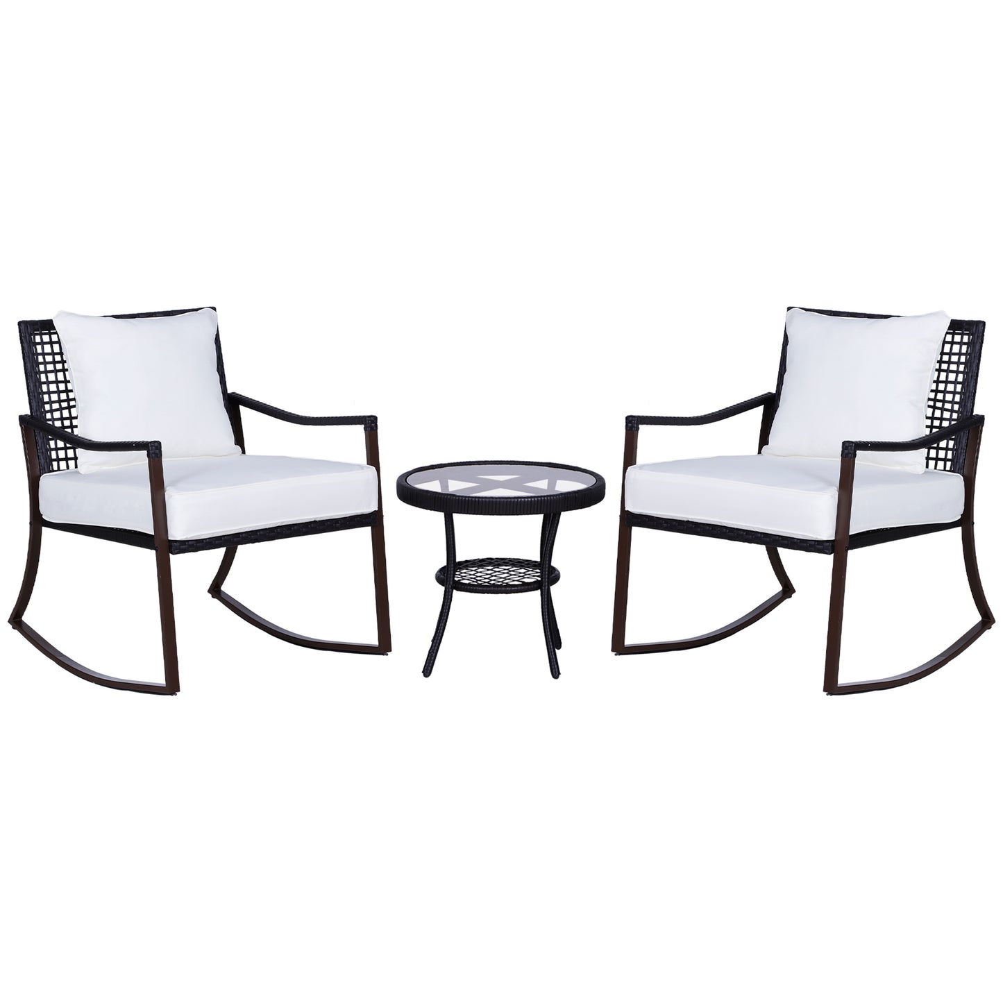 Garden set, for 2 people, rocking chair set with cushions, rattan, brown + white