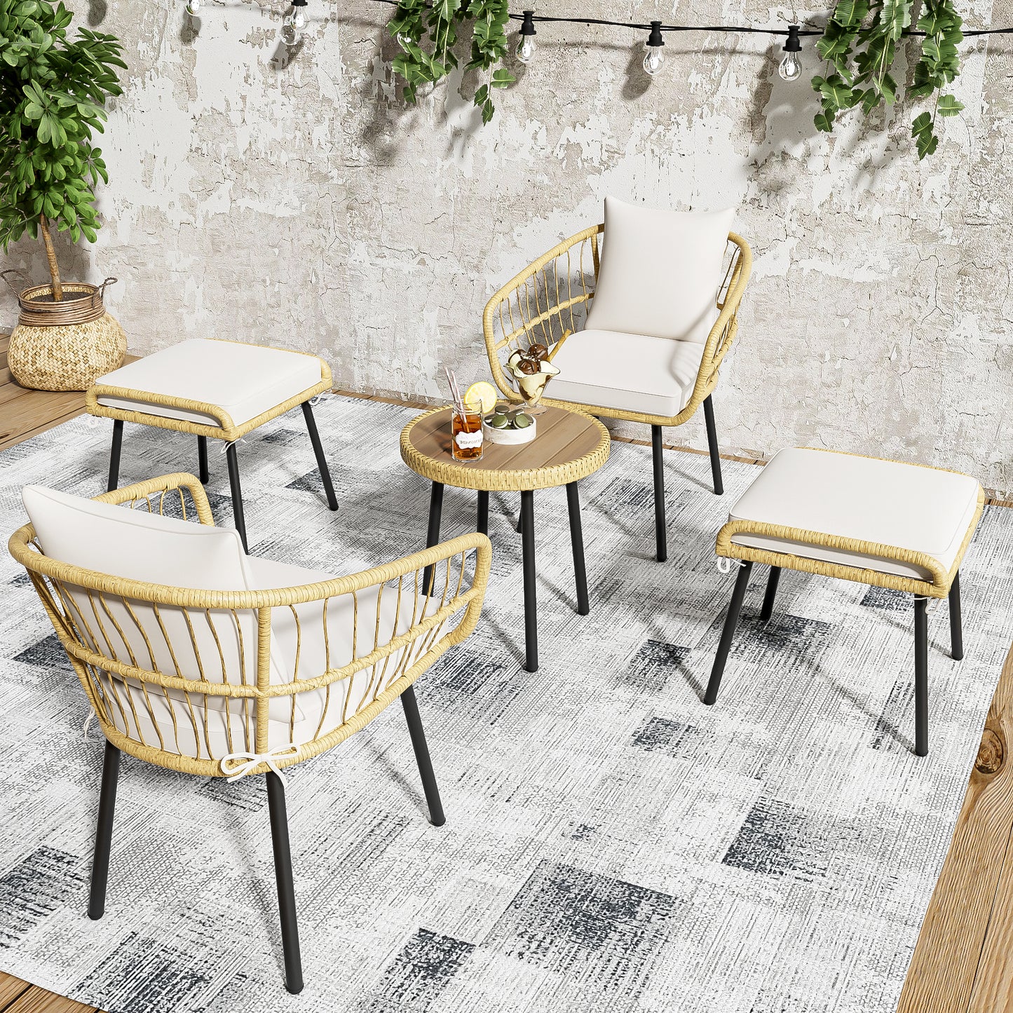 5-piece garden lounge set, including 1 dining table, 2 chairs, 2 stools, furniture, rattan, natural