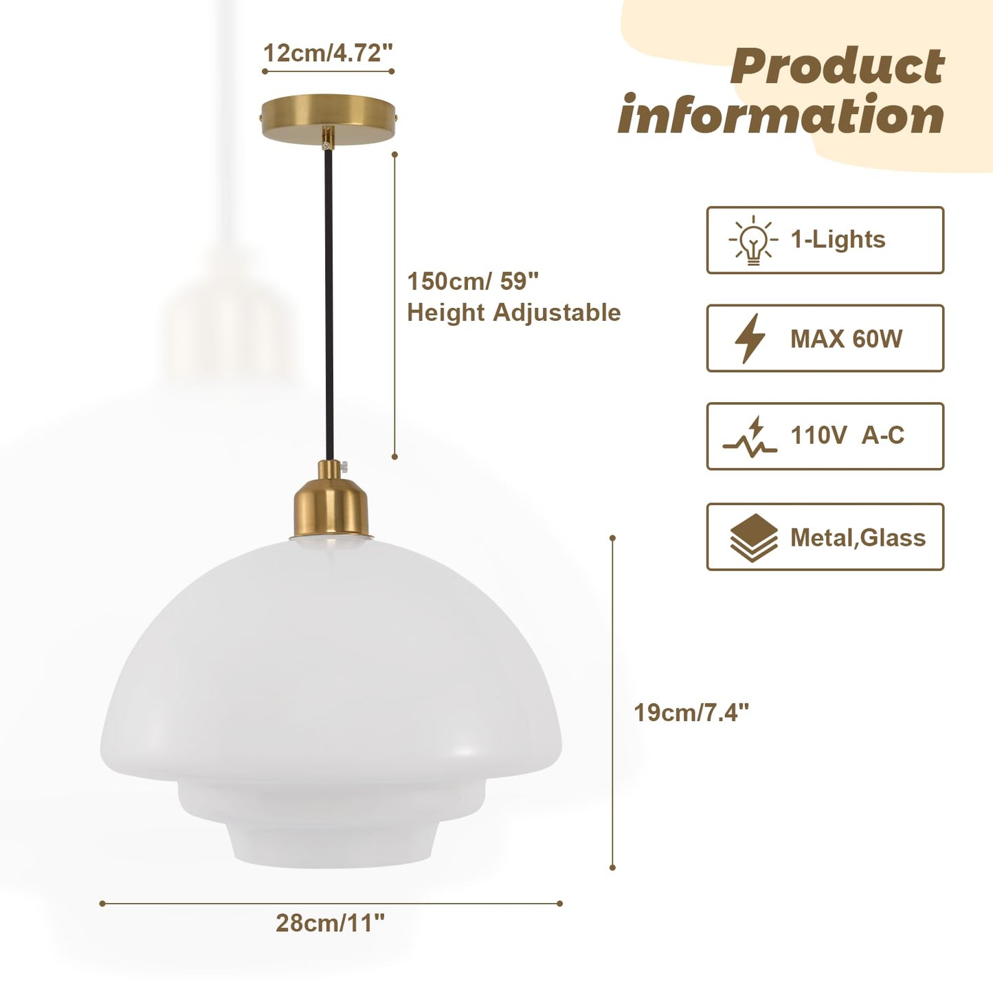 (Y)Kitchen Island Pendant Light Fixture Gold Modern Ceiling Suspension Lighting White Glass Shade Scandinavian Style Adjustable Pendant for Dining Room Bedroom Hallway