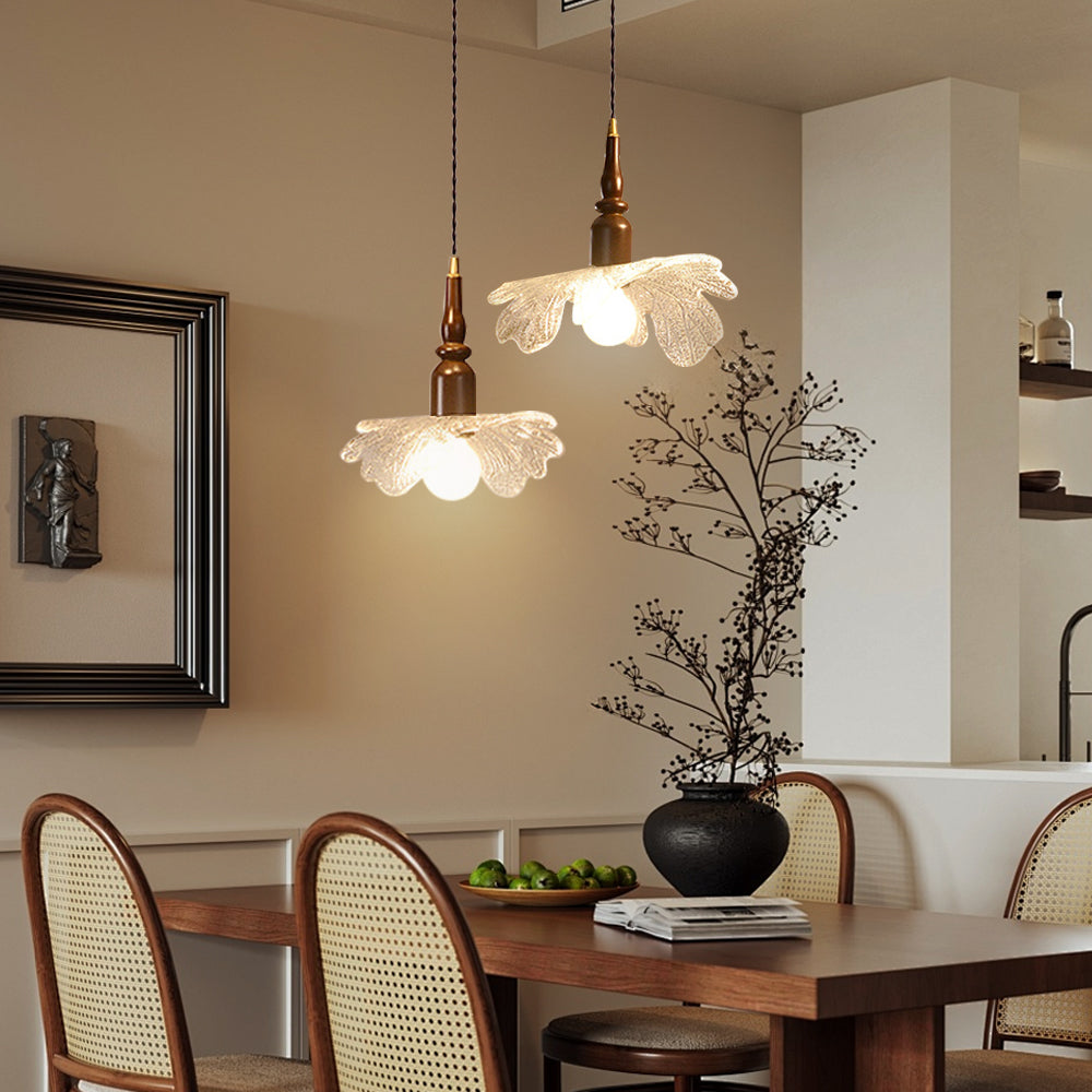 (K) Vintage Glass Pendant Light Walnut Wooden Lamp Base Small Chandelier for Bedside Window