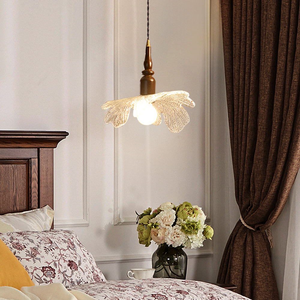 (K) Vintage Glass Pendant Light Walnut Wooden Lamp Base Small Chandelier for Bedside Window