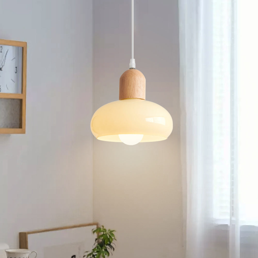 (K) Solid Wood Glass Pendant Lamp Cream Bedroom Chandelier Nordic Minimalist Small Pendant Light