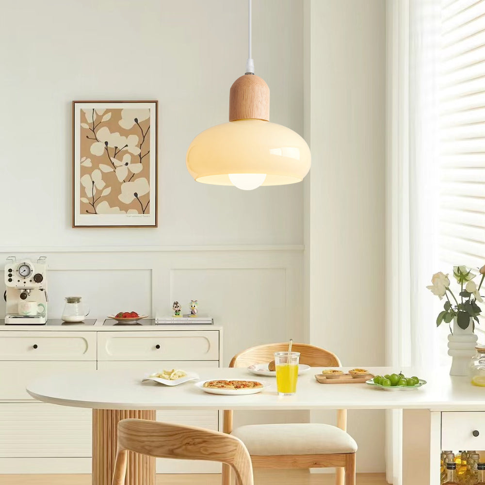 (K) Solid Wood Glass Pendant Lamp Cream Bedroom Chandelier Nordic Minimalist Small Pendant Light