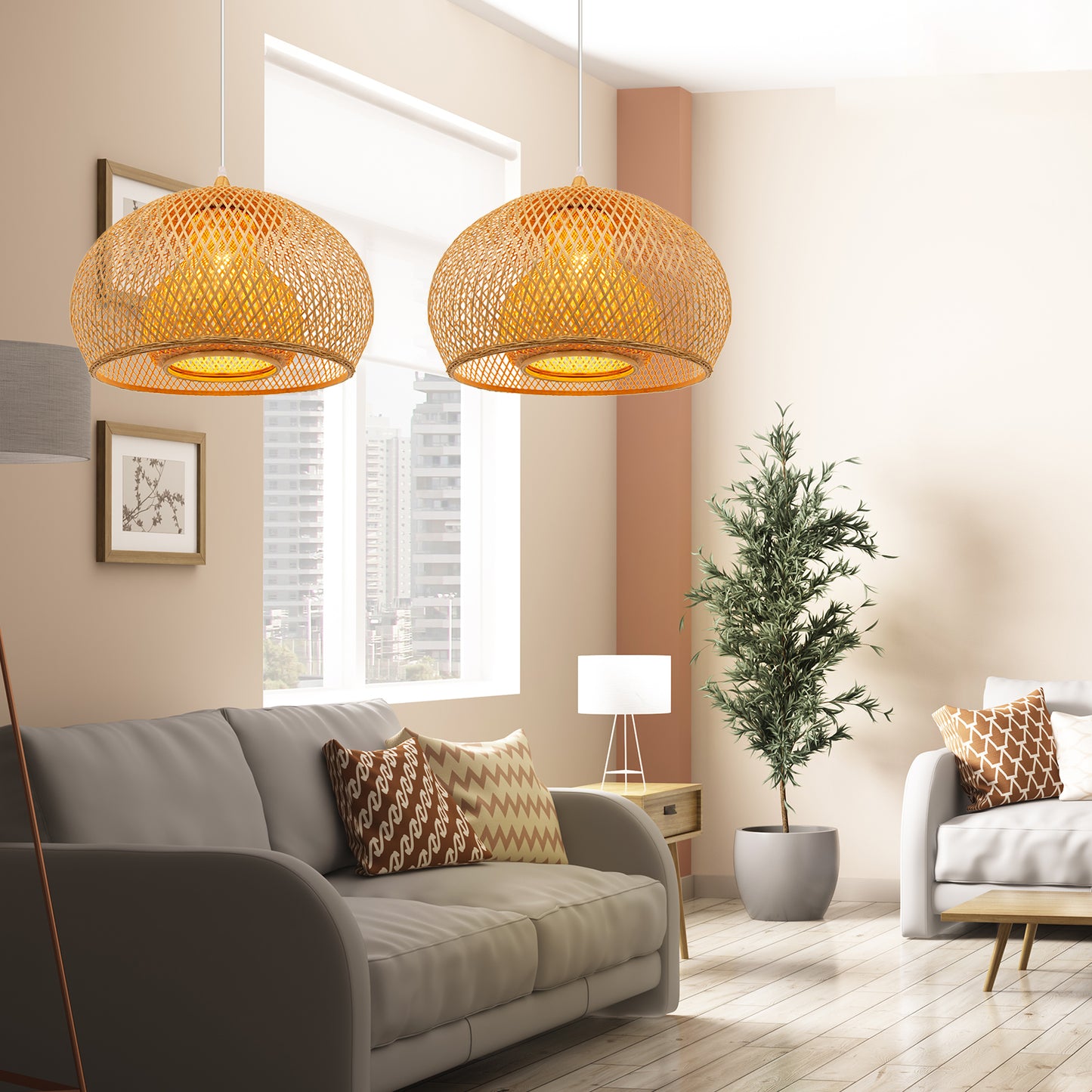 (M)Bamboo Pendant Ligting Dome Hand-Woven E26 Sigle Transitional Minimalist Boho Hanging Light for Dining Room Restaurant Hallway