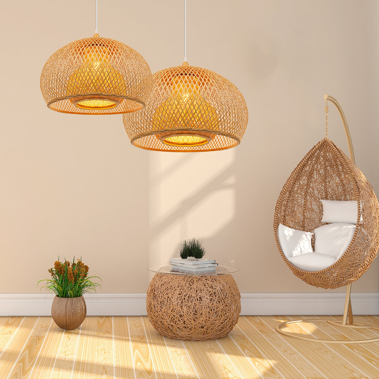 (M)Bamboo Pendant Ligting Dome Hand-Woven E26 Sigle Transitional Minimalist Boho Hanging Light for Dining Room Restaurant Hallway