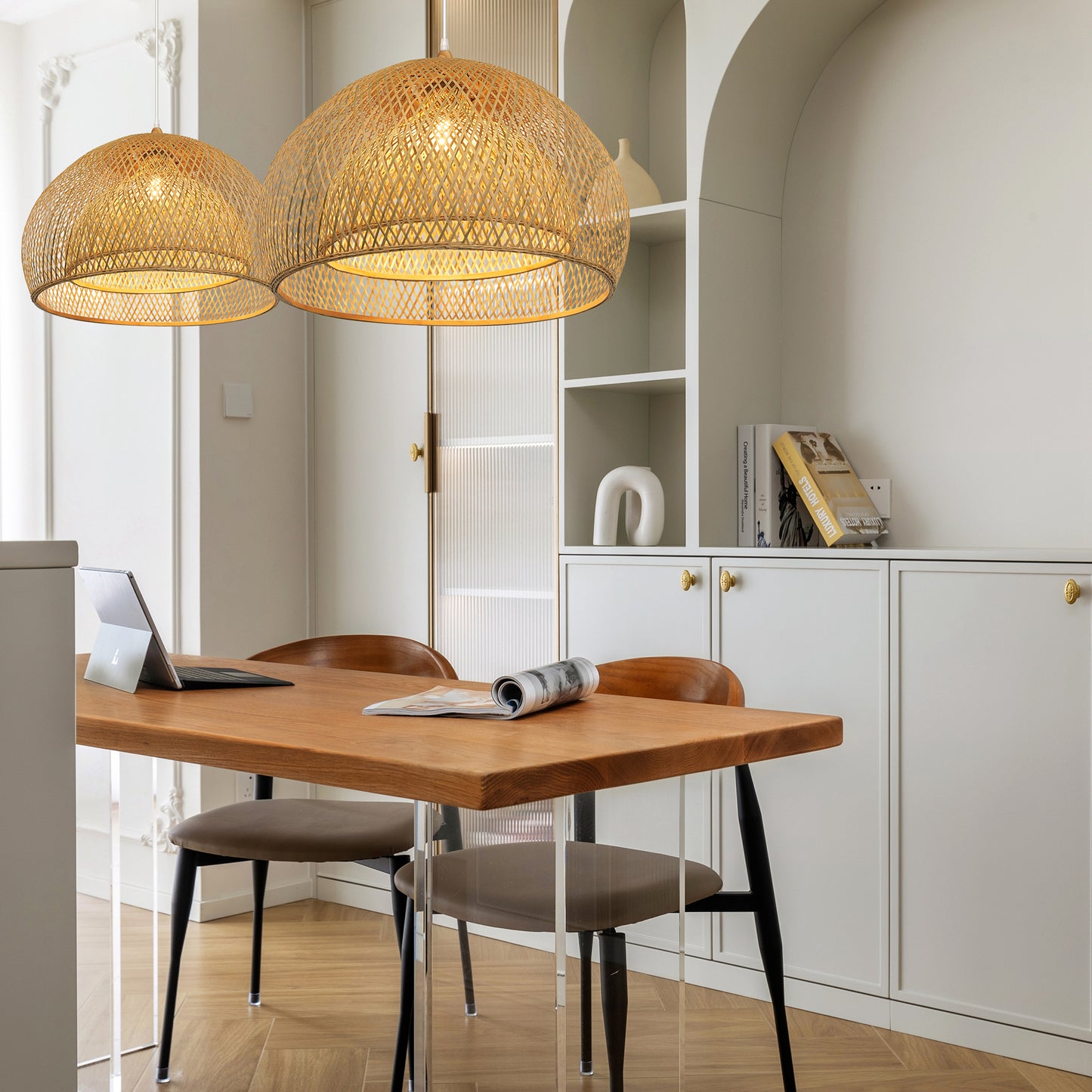 (M) ARTURESTHOME Bamboo Pendant Light 1 Light Hanging Chandelier Rattan Handmade Hanging Lights Fixture for Kitchen Island Living Room Bedroom