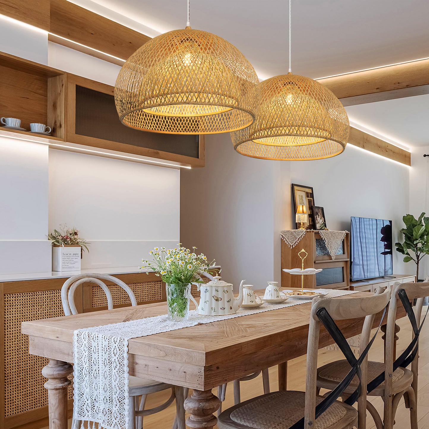 (M) ARTURESTHOME Bamboo Pendant Light 1 Light Hanging Chandelier Rattan Handmade Hanging Lights Fixture for Kitchen Island Living Room Bedroom