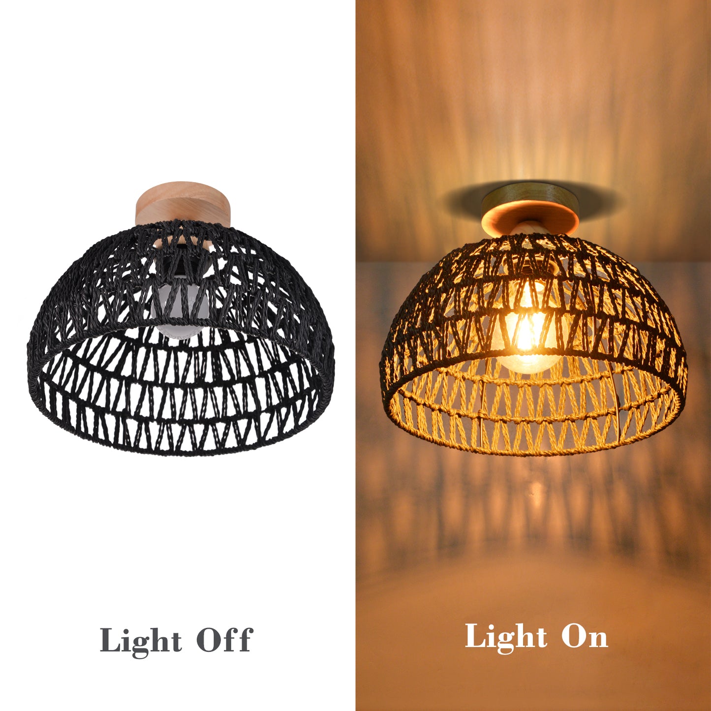 (Q)Black Hemp Rope Rattan Ceiling Light,Bohemian Style Rattan Ceiling Light,Suitable for Kitchen Islands,Corridors,Living Rooms,Bedrooms