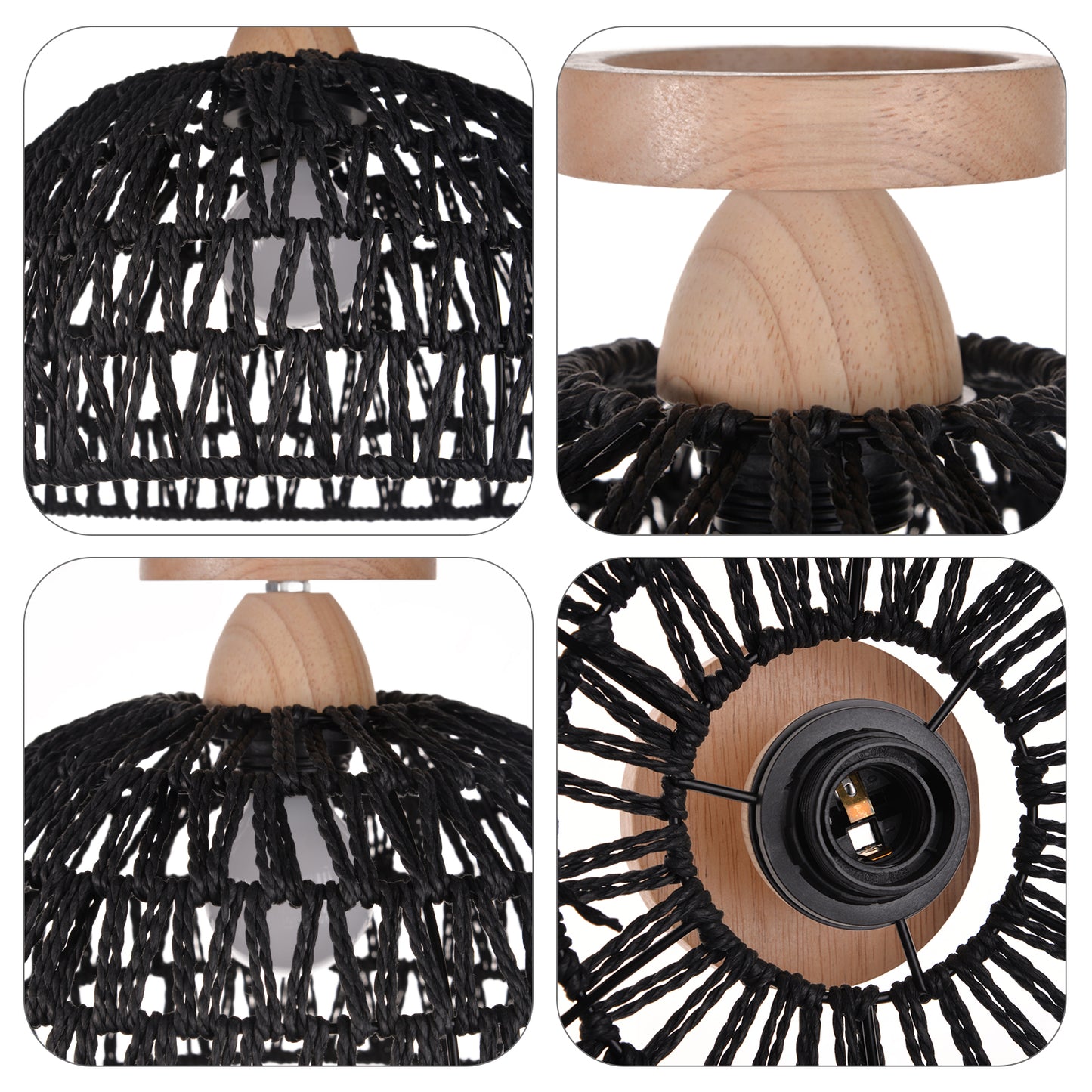 (Q)Black Hemp Rope Rattan Ceiling Light,Bohemian Style Rattan Ceiling Light,Suitable for Kitchen Islands,Corridors,Living Rooms,Bedrooms