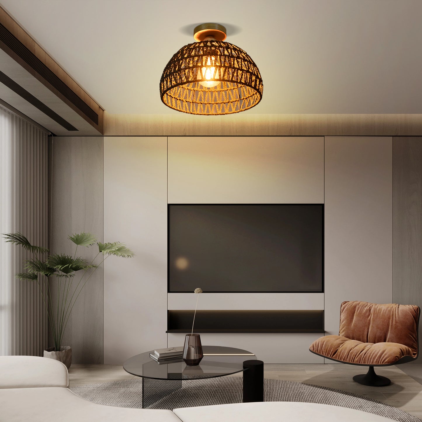 (Q)Black Hemp Rope Rattan Ceiling Light,Bohemian Style Rattan Ceiling Light,Suitable for Kitchen Islands,Corridors,Living Rooms,Bedrooms