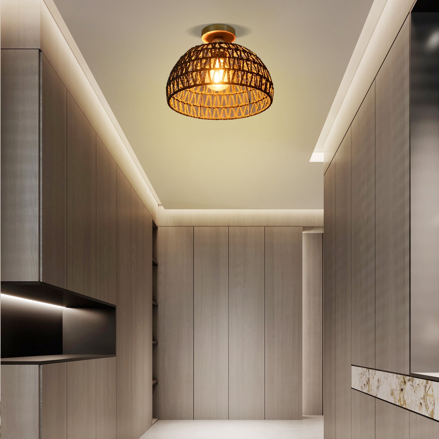 (Q)Black Hemp Rope Rattan Ceiling Light,Bohemian Style Rattan Ceiling Light,Suitable for Kitchen Islands,Corridors,Living Rooms,Bedrooms