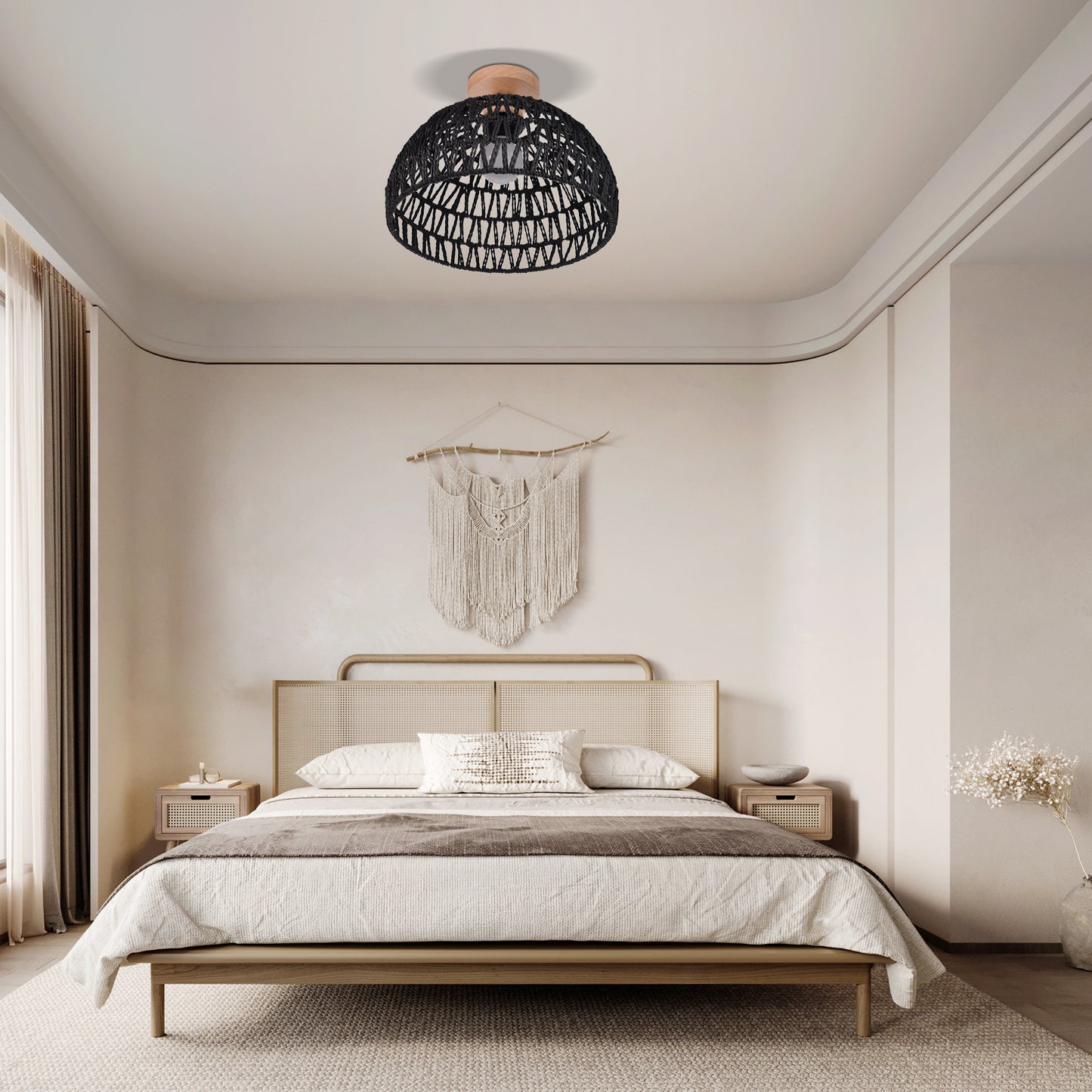 (Q)Black Hemp Rope Rattan Ceiling Light,Bohemian Style Rattan Ceiling Light,Suitable for Kitchen Islands,Corridors,Living Rooms,Bedrooms