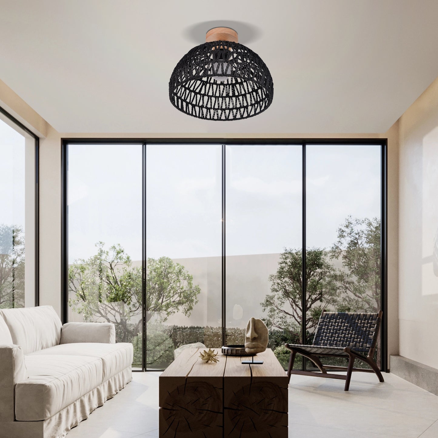 (Q)Black Hemp Rope Rattan Ceiling Light,Bohemian Style Rattan Ceiling Light,Suitable for Kitchen Islands,Corridors,Living Rooms,Bedrooms