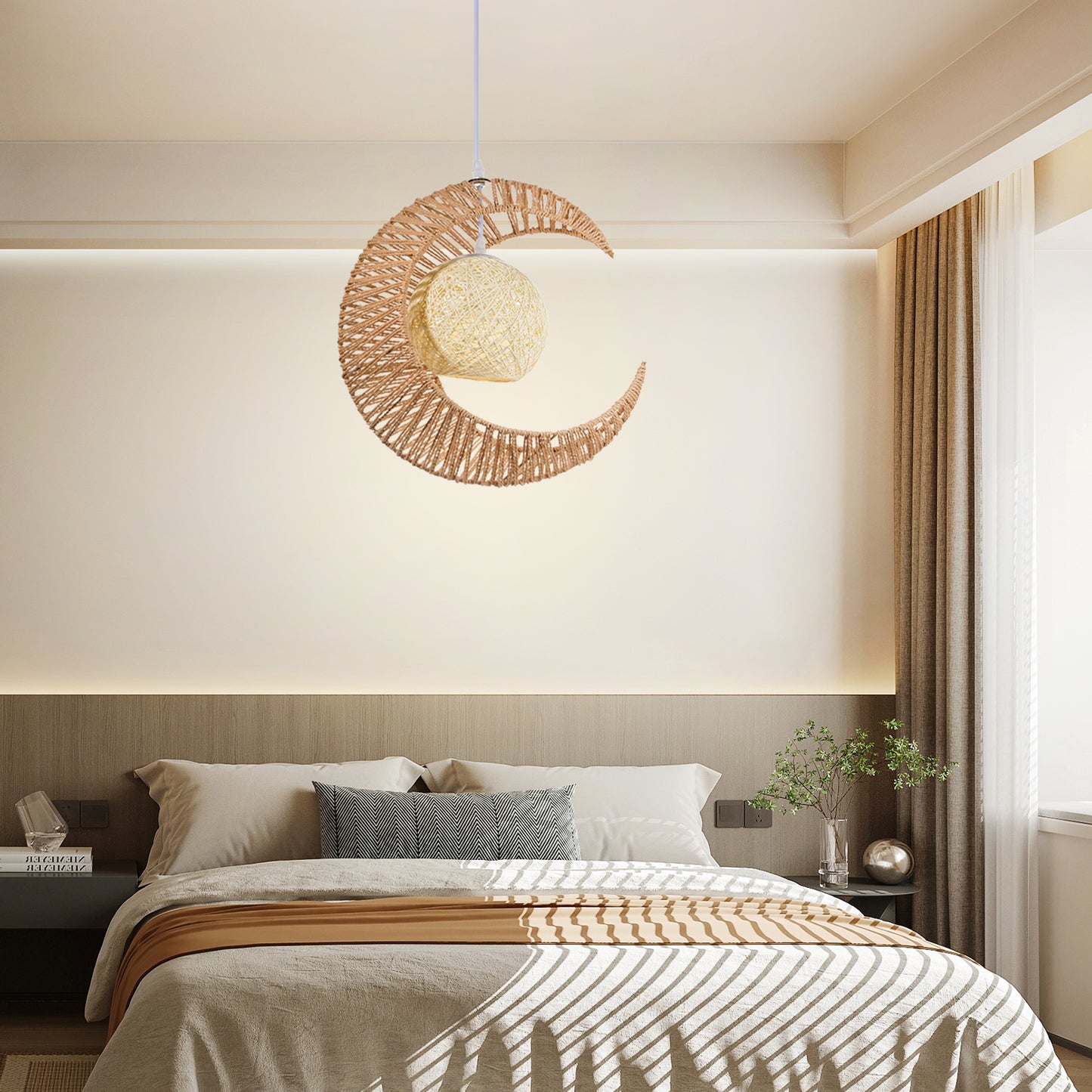 (Q)Vine Pendant Light Hand Woven Moon Shaped Pendant Light,Hemp Rope Lampshade Decorative Pendant Light,Suitable for Study Rooms,Bedrooms,Cafes