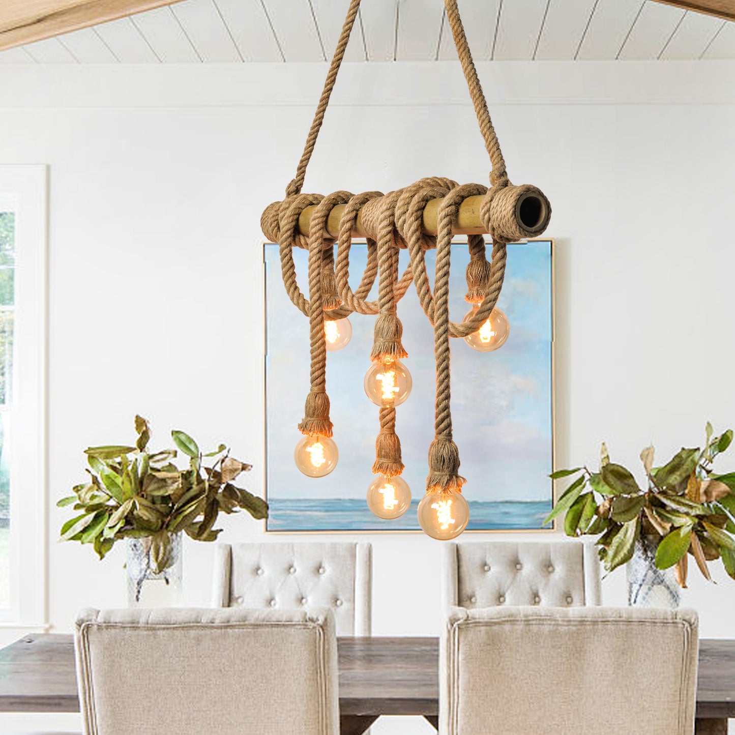 (M)Bamboo Pendant Light Rope Hemp 6-Light Bamboo Chandeliers Fixture for Kitchen Island